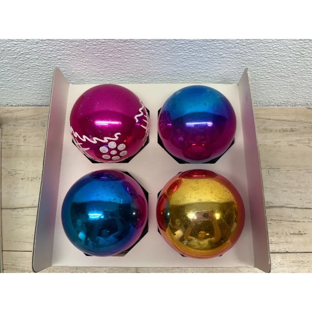Vtg 1950-60 Set Of 4 Shiny Brite Hand Blown Glass Ball Christmas Tree Ornaments